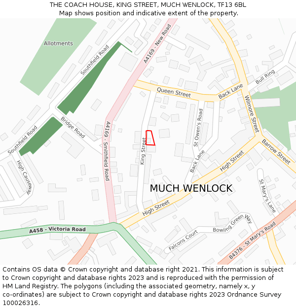 THE COACH HOUSE, KING STREET, MUCH WENLOCK, TF13 6BL: Location map and indicative extent of plot