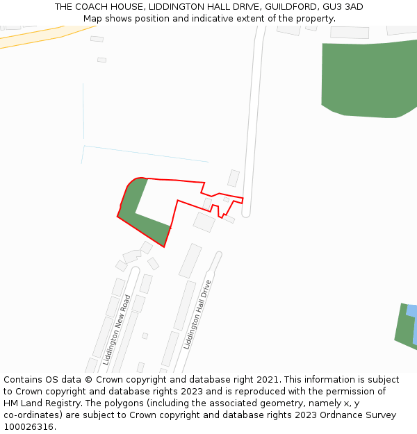 THE COACH HOUSE, LIDDINGTON HALL DRIVE, GUILDFORD, GU3 3AD: Location map and indicative extent of plot