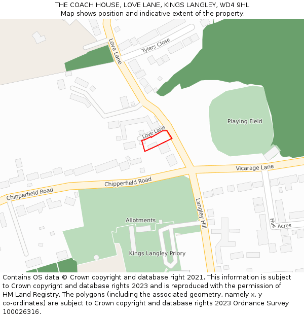 THE COACH HOUSE, LOVE LANE, KINGS LANGLEY, WD4 9HL: Location map and indicative extent of plot