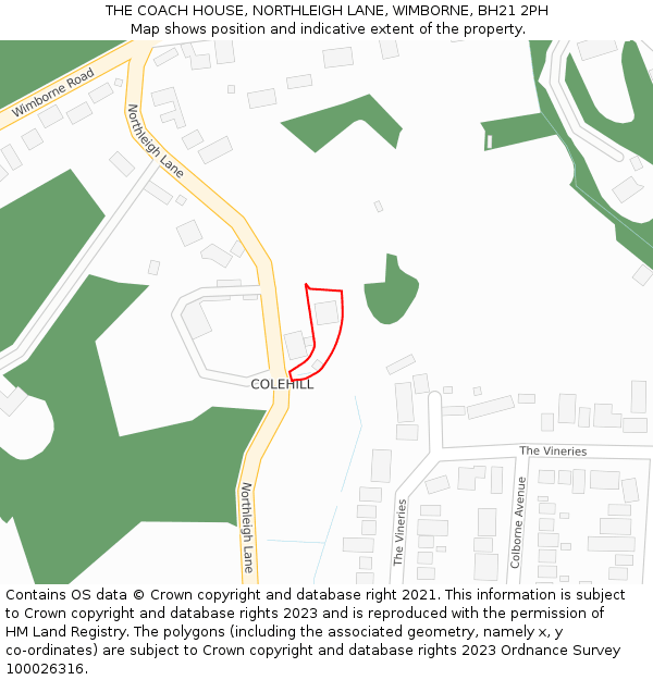 THE COACH HOUSE, NORTHLEIGH LANE, WIMBORNE, BH21 2PH: Location map and indicative extent of plot