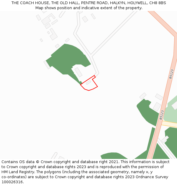THE COACH HOUSE, THE OLD HALL, PENTRE ROAD, HALKYN, HOLYWELL, CH8 8BS: Location map and indicative extent of plot