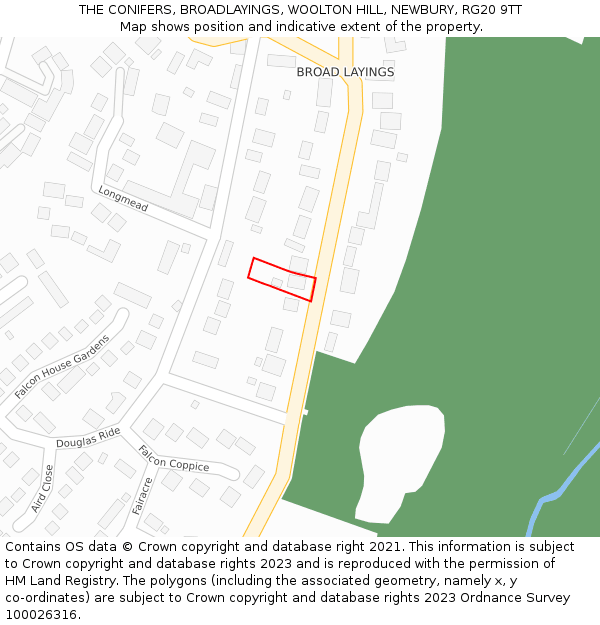 THE CONIFERS, BROADLAYINGS, WOOLTON HILL, NEWBURY, RG20 9TT: Location map and indicative extent of plot