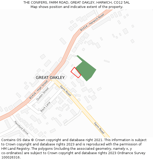 THE CONIFERS, FARM ROAD, GREAT OAKLEY, HARWICH, CO12 5AL: Location map and indicative extent of plot