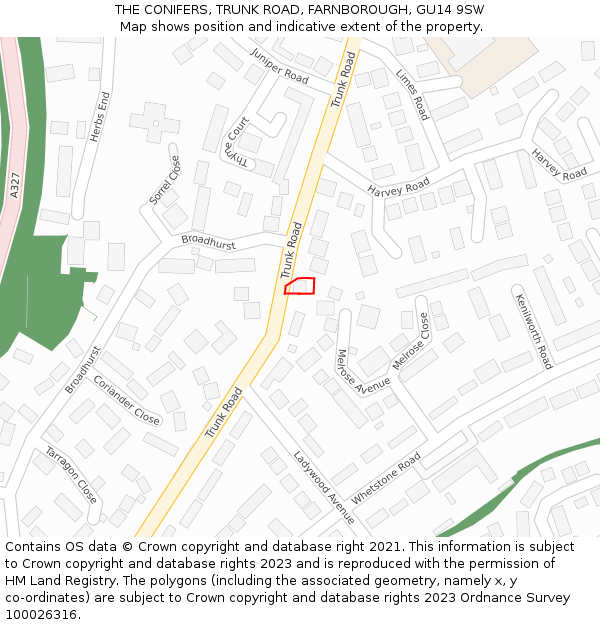 THE CONIFERS, TRUNK ROAD, FARNBOROUGH, GU14 9SW: Location map and indicative extent of plot