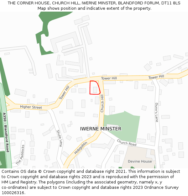 THE CORNER HOUSE, CHURCH HILL, IWERNE MINSTER, BLANDFORD FORUM, DT11 8LS: Location map and indicative extent of plot