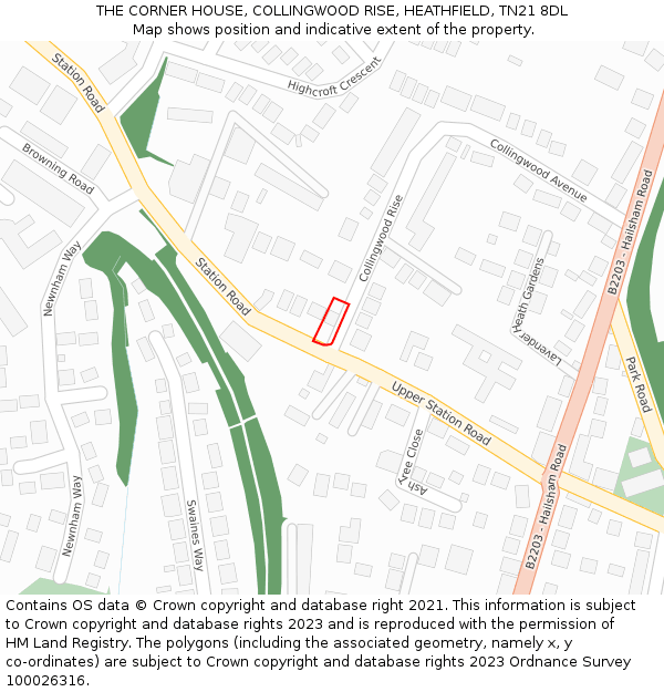 THE CORNER HOUSE, COLLINGWOOD RISE, HEATHFIELD, TN21 8DL: Location map and indicative extent of plot