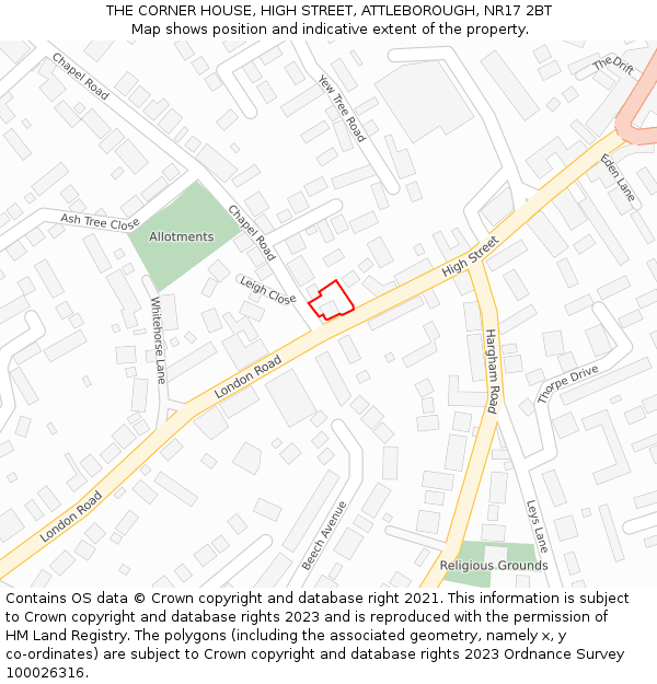 THE CORNER HOUSE, HIGH STREET, ATTLEBOROUGH, NR17 2BT: Location map and indicative extent of plot