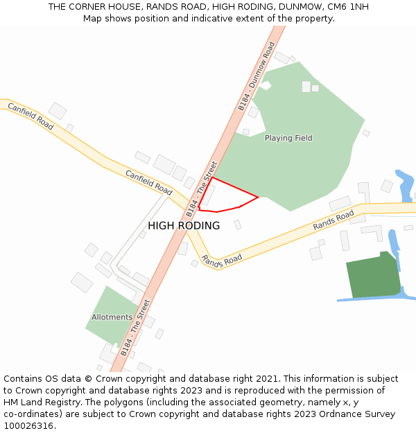 THE CORNER HOUSE, RANDS ROAD, HIGH RODING, DUNMOW, CM6 1NH: Location map and indicative extent of plot