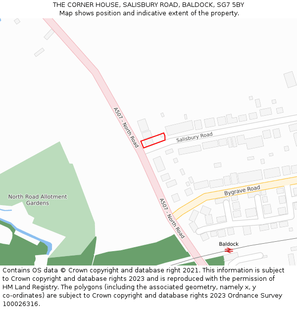 THE CORNER HOUSE, SALISBURY ROAD, BALDOCK, SG7 5BY: Location map and indicative extent of plot