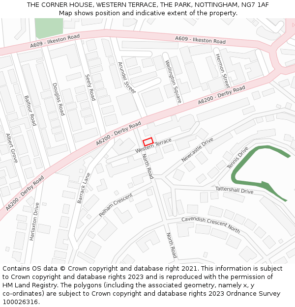THE CORNER HOUSE, WESTERN TERRACE, THE PARK, NOTTINGHAM, NG7 1AF: Location map and indicative extent of plot