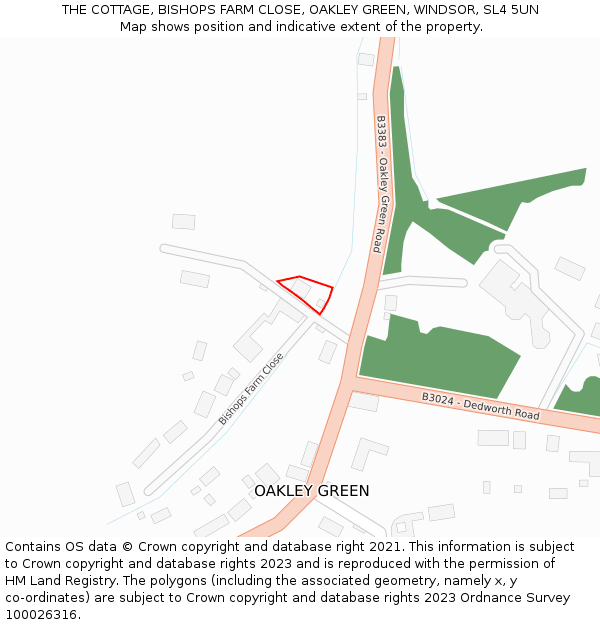 THE COTTAGE, BISHOPS FARM CLOSE, OAKLEY GREEN, WINDSOR, SL4 5UN: Location map and indicative extent of plot