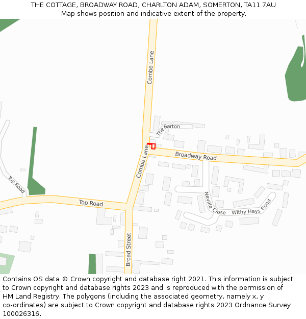 THE COTTAGE, BROADWAY ROAD, CHARLTON ADAM, SOMERTON, TA11 7AU: Location map and indicative extent of plot