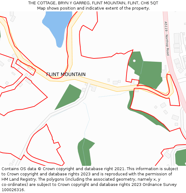 THE COTTAGE, BRYN Y GARREG, FLINT MOUNTAIN, FLINT, CH6 5QT: Location map and indicative extent of plot