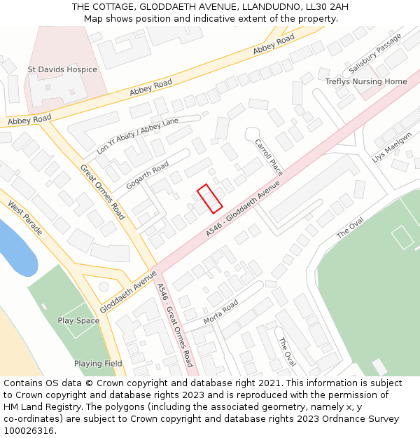 THE COTTAGE, GLODDAETH AVENUE, LLANDUDNO, LL30 2AH: Location map and indicative extent of plot