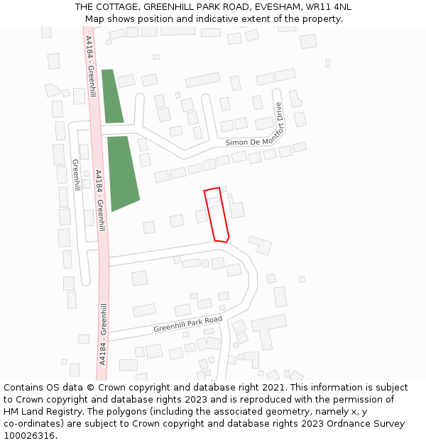 THE COTTAGE, GREENHILL PARK ROAD, EVESHAM, WR11 4NL: Location map and indicative extent of plot