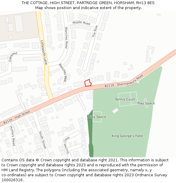 THE COTTAGE, HIGH STREET, PARTRIDGE GREEN, HORSHAM, RH13 8ES: Location map and indicative extent of plot