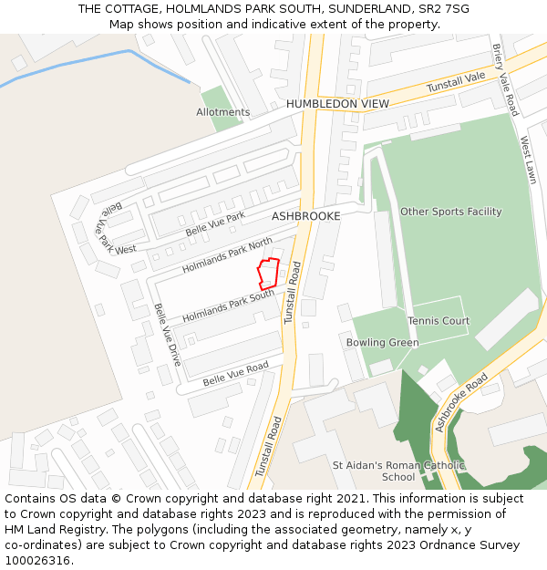 THE COTTAGE, HOLMLANDS PARK SOUTH, SUNDERLAND, SR2 7SG: Location map and indicative extent of plot