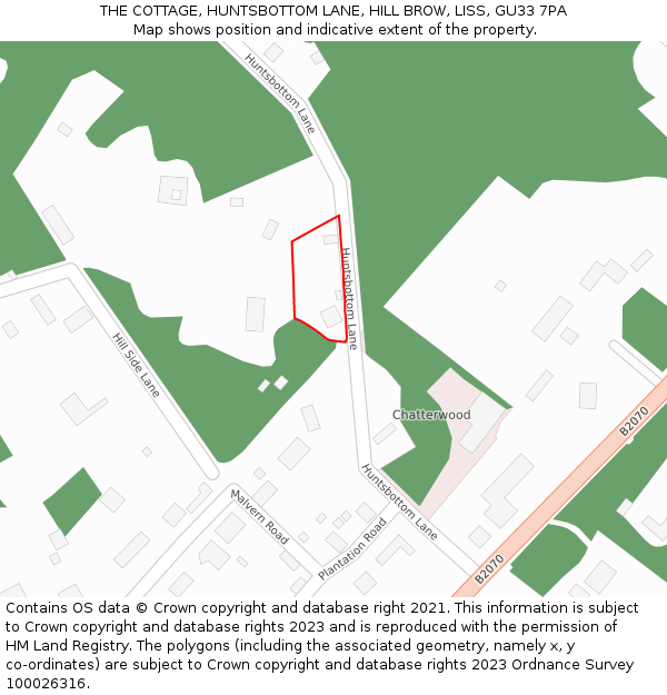 THE COTTAGE, HUNTSBOTTOM LANE, HILL BROW, LISS, GU33 7PA: Location map and indicative extent of plot