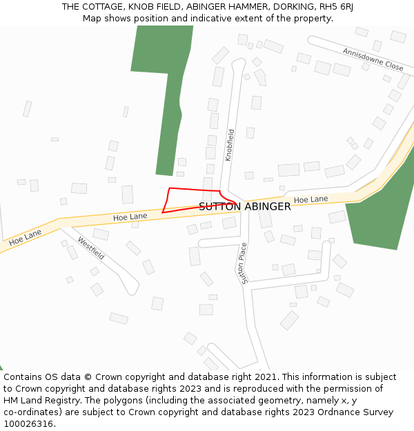 THE COTTAGE, KNOB FIELD, ABINGER HAMMER, DORKING, RH5 6RJ: Location map and indicative extent of plot