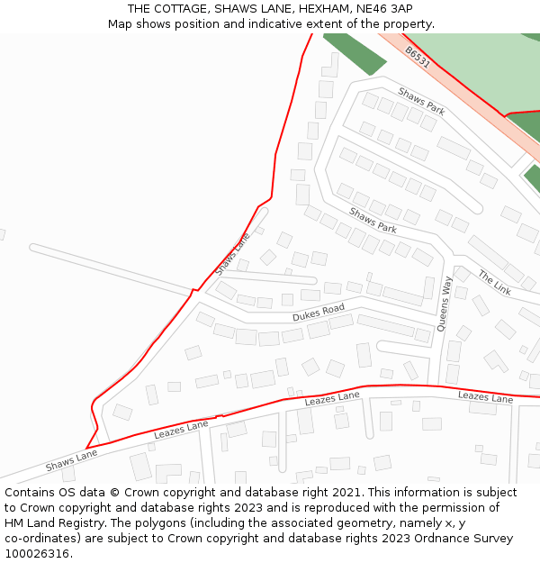 THE COTTAGE, SHAWS LANE, HEXHAM, NE46 3AP: Location map and indicative extent of plot