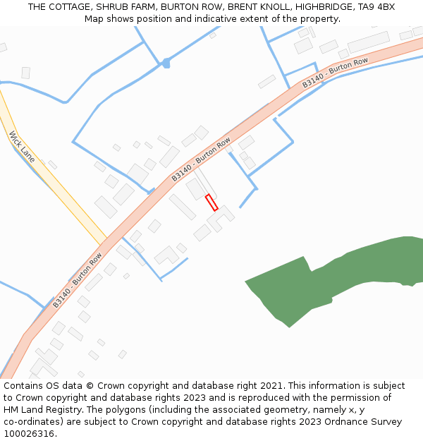 THE COTTAGE, SHRUB FARM, BURTON ROW, BRENT KNOLL, HIGHBRIDGE, TA9 4BX: Location map and indicative extent of plot