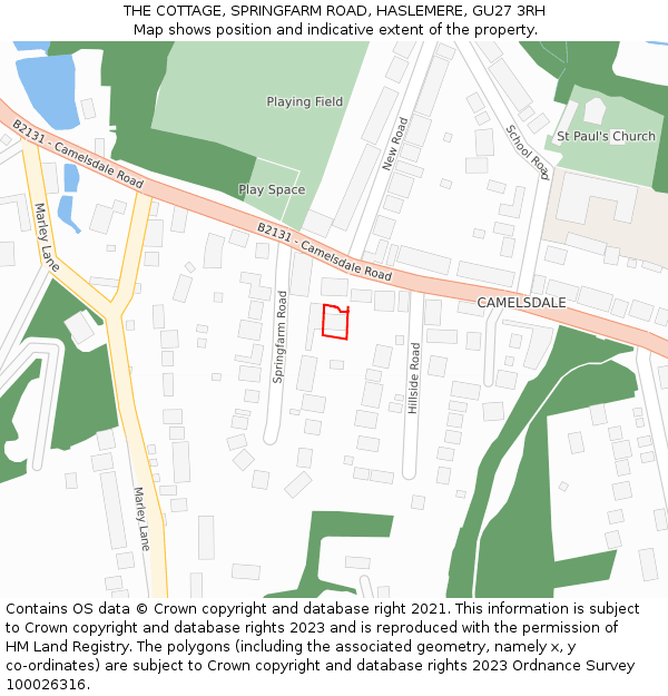 THE COTTAGE, SPRINGFARM ROAD, HASLEMERE, GU27 3RH: Location map and indicative extent of plot