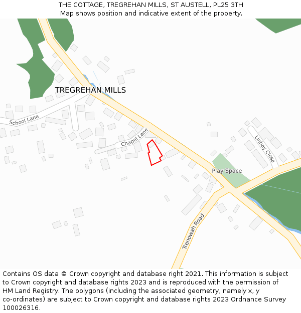 THE COTTAGE, TREGREHAN MILLS, ST AUSTELL, PL25 3TH: Location map and indicative extent of plot