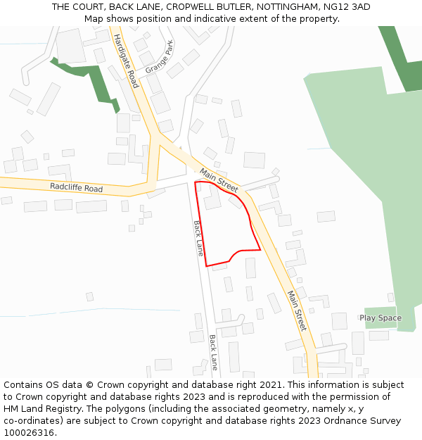 THE COURT, BACK LANE, CROPWELL BUTLER, NOTTINGHAM, NG12 3AD: Location map and indicative extent of plot