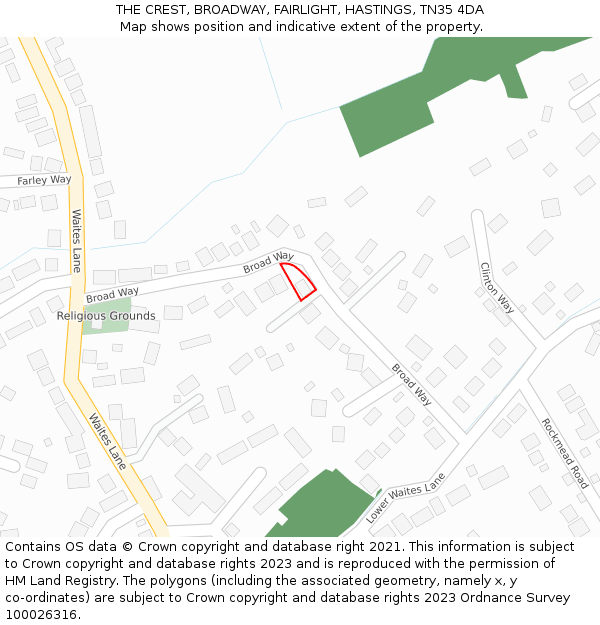 THE CREST, BROADWAY, FAIRLIGHT, HASTINGS, TN35 4DA: Location map and indicative extent of plot