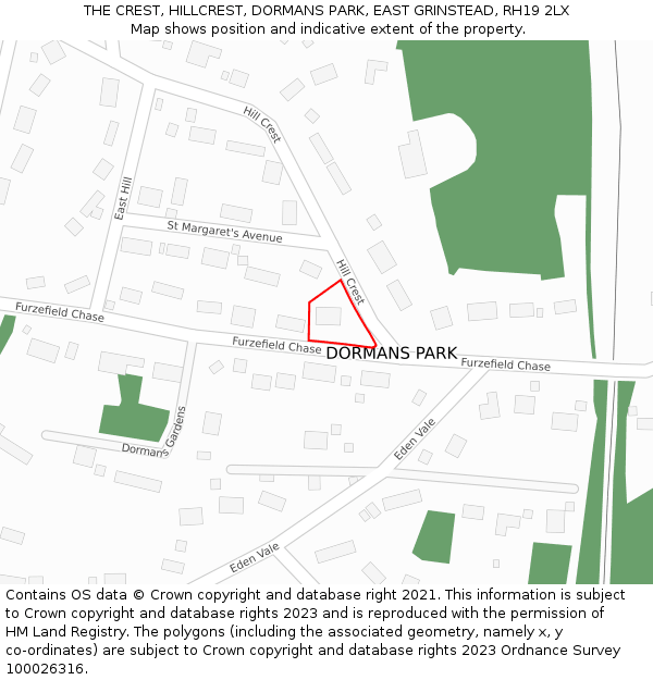 THE CREST, HILLCREST, DORMANS PARK, EAST GRINSTEAD, RH19 2LX: Location map and indicative extent of plot