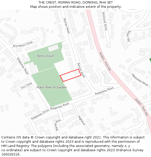THE CREST, ROMAN ROAD, DORKING, RH4 3ET: Location map and indicative extent of plot
