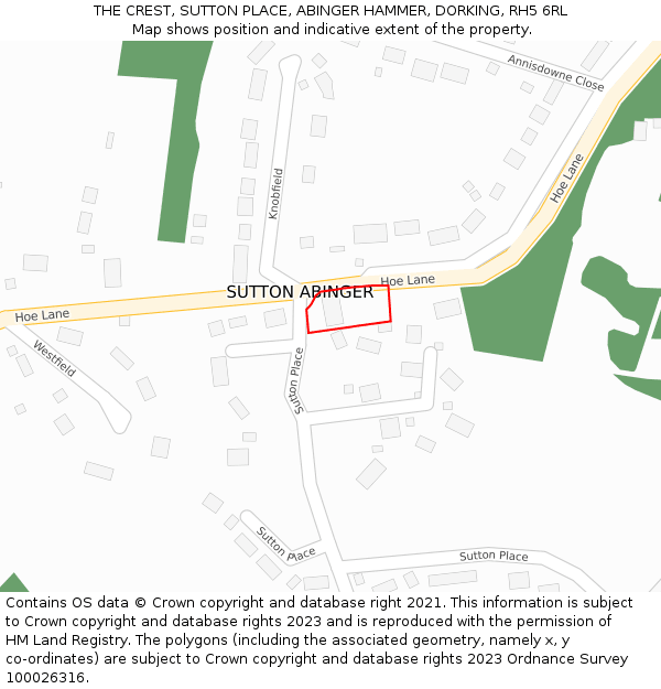 THE CREST, SUTTON PLACE, ABINGER HAMMER, DORKING, RH5 6RL: Location map and indicative extent of plot