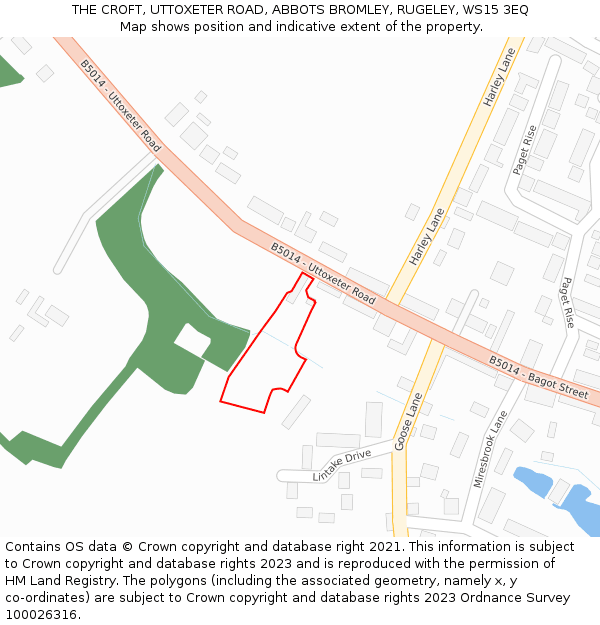 THE CROFT, UTTOXETER ROAD, ABBOTS BROMLEY, RUGELEY, WS15 3EQ: Location map and indicative extent of plot