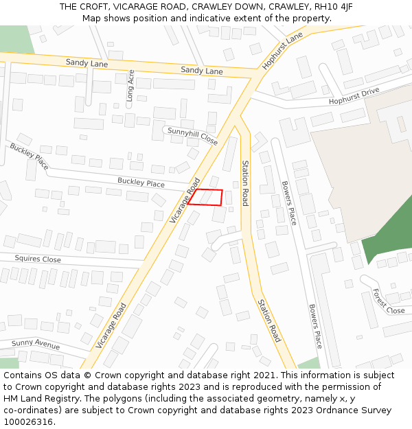 THE CROFT, VICARAGE ROAD, CRAWLEY DOWN, CRAWLEY, RH10 4JF: Location map and indicative extent of plot