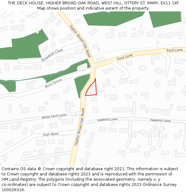 THE DECK HOUSE, HIGHER BROAD OAK ROAD, WEST HILL, OTTERY ST. MARY, EX11 1XF: Location map and indicative extent of plot