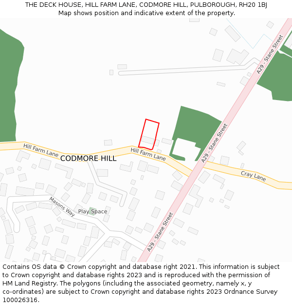 THE DECK HOUSE, HILL FARM LANE, CODMORE HILL, PULBOROUGH, RH20 1BJ: Location map and indicative extent of plot