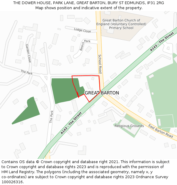 THE DOWER HOUSE, PARK LANE, GREAT BARTON, BURY ST EDMUNDS, IP31 2RG: Location map and indicative extent of plot