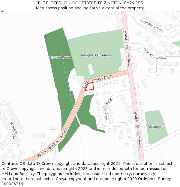THE ELDERS, CHURCH STREET, FRIZINGTON, CA26 3SS: Location map and indicative extent of plot