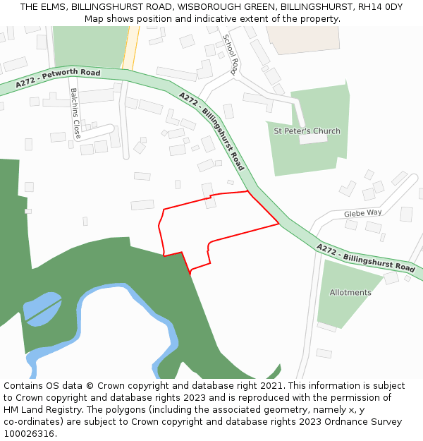THE ELMS, BILLINGSHURST ROAD, WISBOROUGH GREEN, BILLINGSHURST, RH14 0DY: Location map and indicative extent of plot