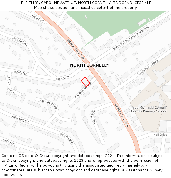 THE ELMS, CAROLINE AVENUE, NORTH CORNELLY, BRIDGEND, CF33 4LF: Location map and indicative extent of plot