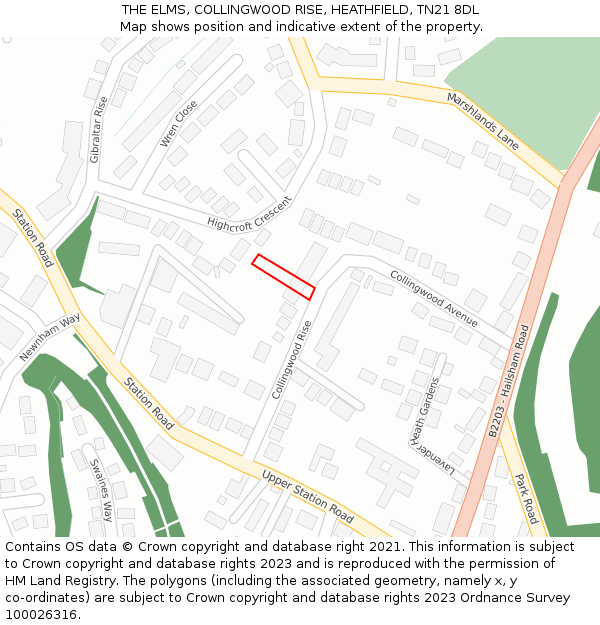 THE ELMS, COLLINGWOOD RISE, HEATHFIELD, TN21 8DL: Location map and indicative extent of plot