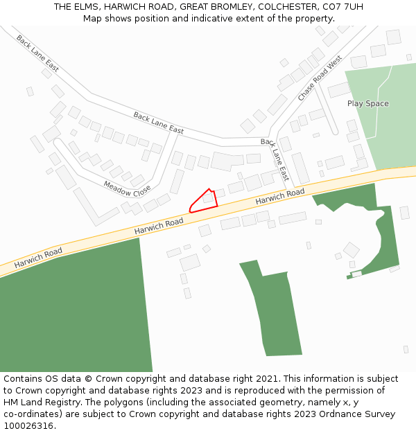 THE ELMS, HARWICH ROAD, GREAT BROMLEY, COLCHESTER, CO7 7UH: Location map and indicative extent of plot
