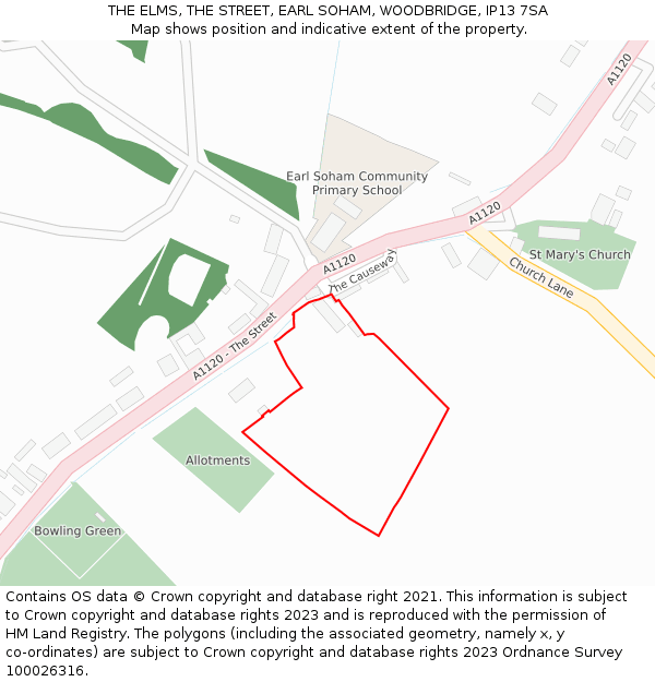 THE ELMS, THE STREET, EARL SOHAM, WOODBRIDGE, IP13 7SA: Location map and indicative extent of plot