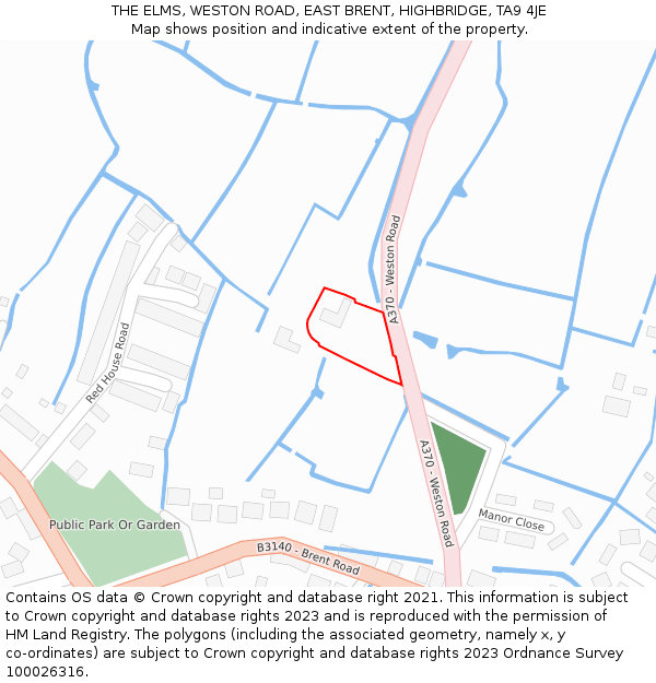 THE ELMS, WESTON ROAD, EAST BRENT, HIGHBRIDGE, TA9 4JE: Location map and indicative extent of plot