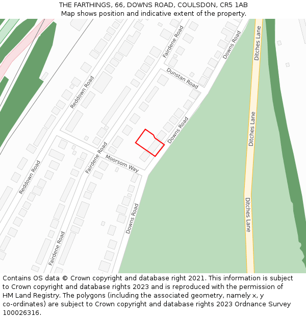 THE FARTHINGS, 66, DOWNS ROAD, COULSDON, CR5 1AB: Location map and indicative extent of plot