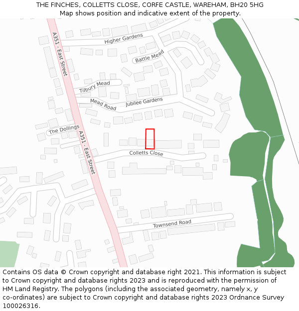 THE FINCHES, COLLETTS CLOSE, CORFE CASTLE, WAREHAM, BH20 5HG: Location map and indicative extent of plot