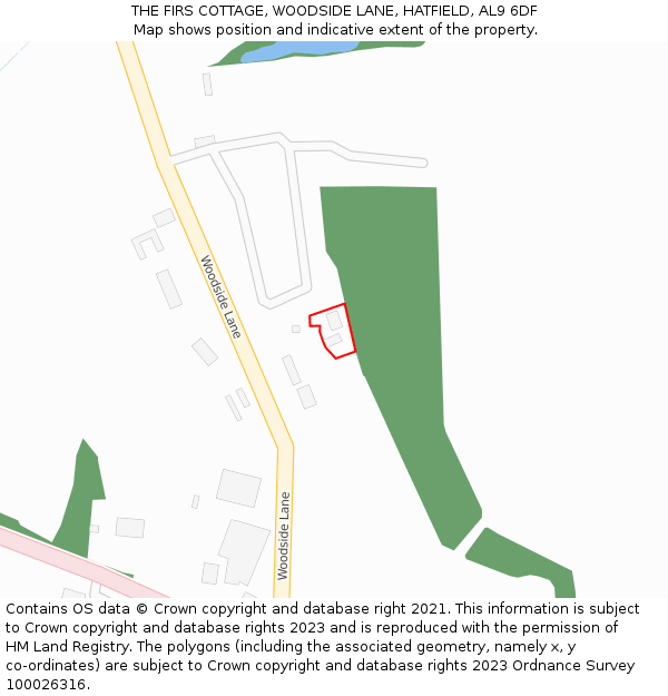 THE FIRS COTTAGE, WOODSIDE LANE, HATFIELD, AL9 6DF: Location map and indicative extent of plot