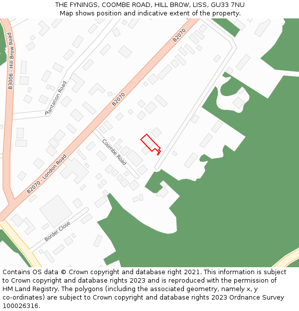 THE FYNINGS, COOMBE ROAD, HILL BROW, LISS, GU33 7NU: Location map and indicative extent of plot