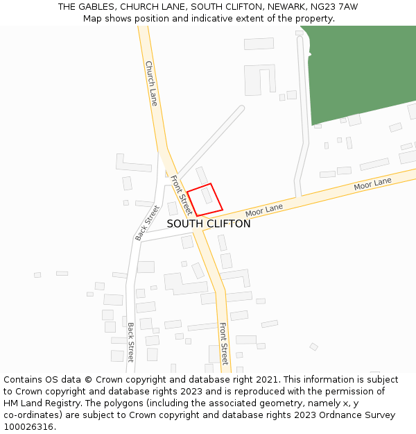 THE GABLES, CHURCH LANE, SOUTH CLIFTON, NEWARK, NG23 7AW: Location map and indicative extent of plot