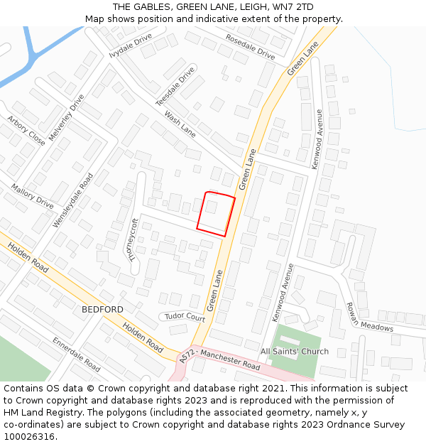 THE GABLES, GREEN LANE, LEIGH, WN7 2TD: Location map and indicative extent of plot